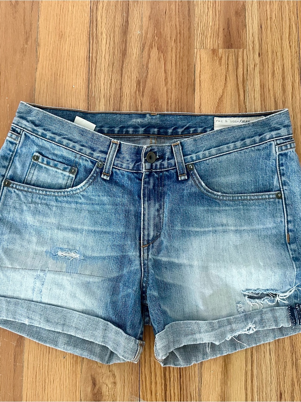 rag & bone Light Blue Distressed Rolled-Hem Denim Shorts